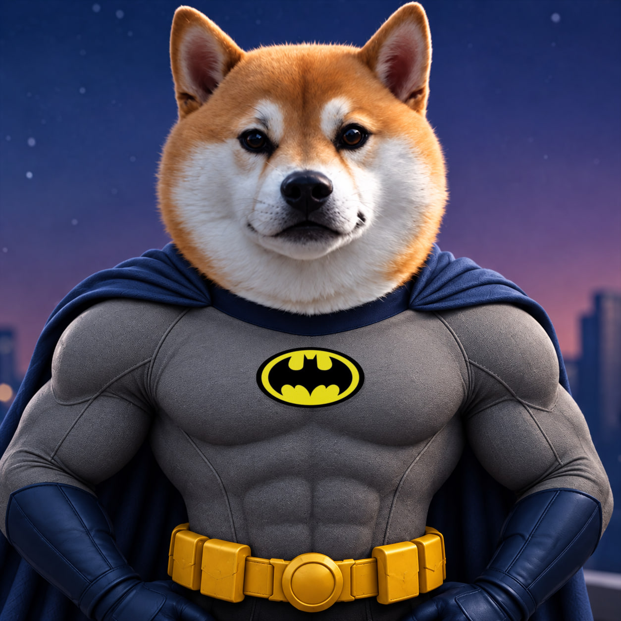 Batman Inu in a gray superhero suit with a bright yellow emblem and navy cape