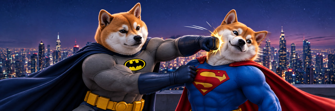 Batman Inu and Super Inu face off above a city skyline at night